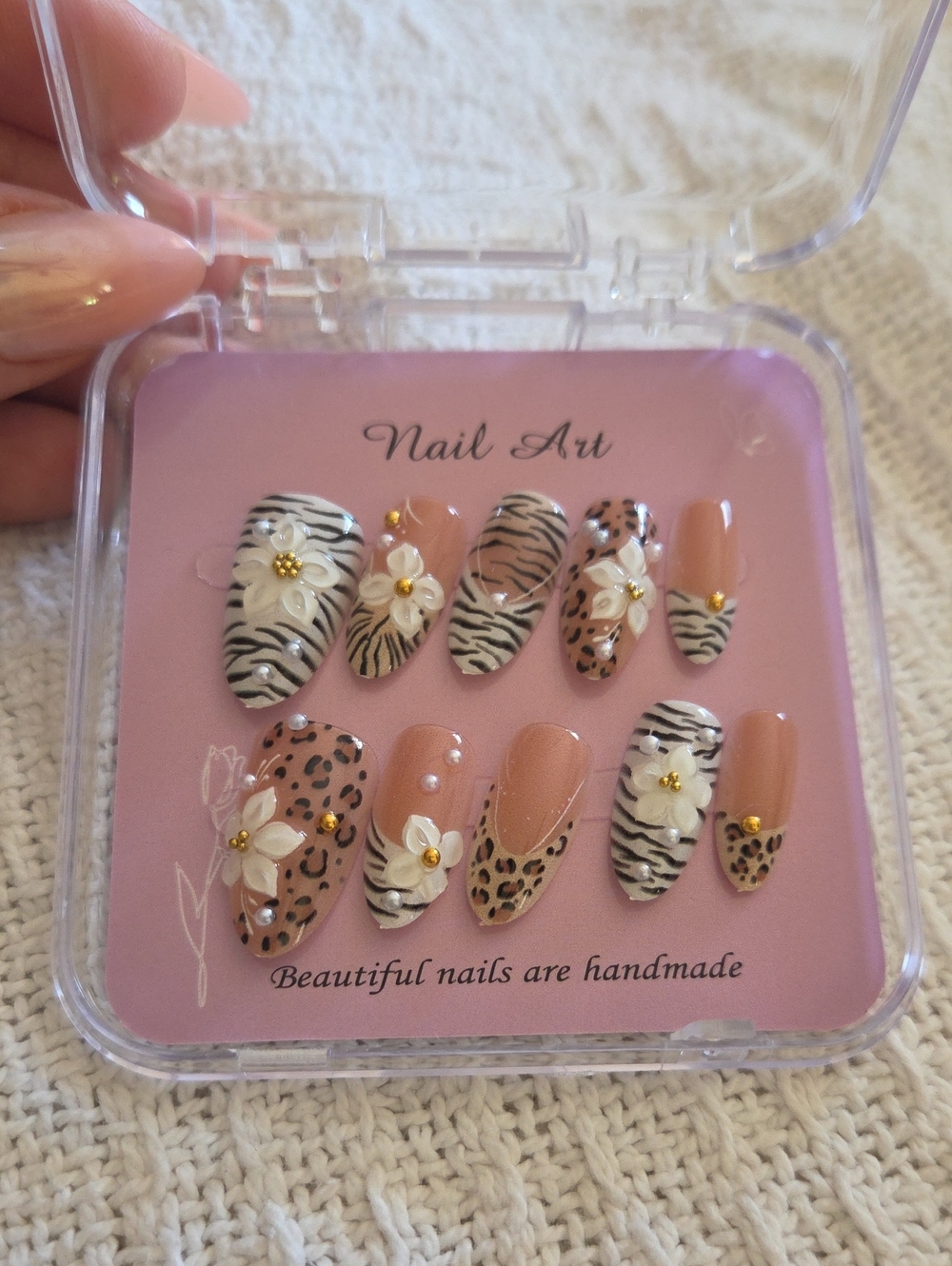 Handmade Beige & White Animal Print Nail Set with 3D Floral Accents